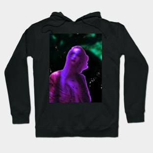 Portrait, digital collage and special processing. Beautiful woman, like painted. Violet and green, glowing. Stars. Hoodie